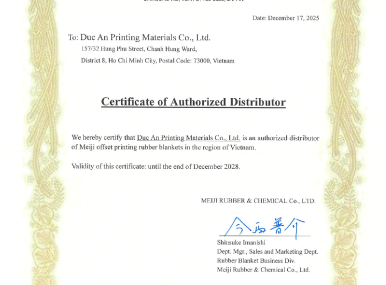 Giấy chứng nhận nhà phân phối chính hãng Cao su offset Meiji Nhật